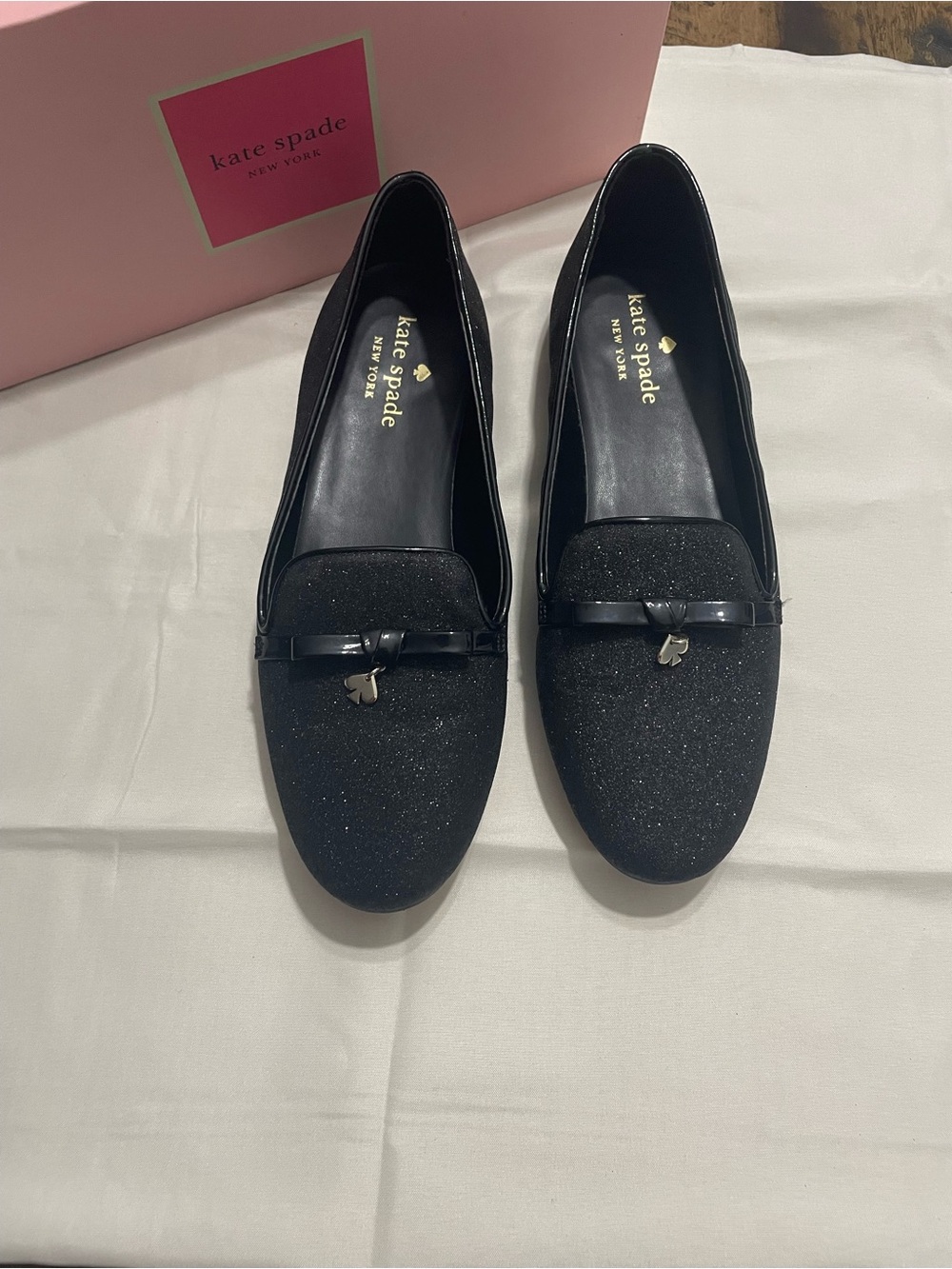 kate spade Black Glitter Loafers with Bow & Spade Charm